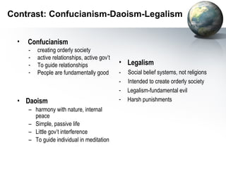 Contrast: Confucianism-Daoism-Legalism Daoism harmony with nature, internal peace Simple, passive life Little gov’t interference To guide individual in meditation Legalism -  Social belief systems, not religions -  Intended to create orderly society Legalism-fundamental evil Harsh punishments Confucianism -  creating orderly society active relationships, active gov’t To guide relationships   People are fundamentally good 