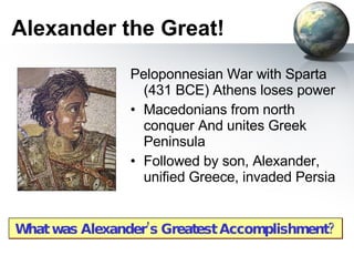 Alexander the Great! Peloponnesian War with Sparta (431 BCE) Athens loses power Macedonians from north conquer And unites Greek Peninsula  Followed by son, Alexander, unified Greece, invaded Persia What was Alexander’s Greatest Accomplishment? 