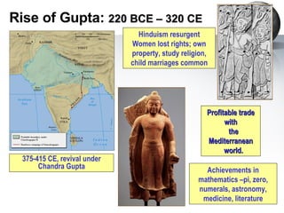 Rise of Gupta:  220 BCE – 320 CE Achievements in mathematics –pi, zero, numerals, astronomy, medicine, literature Hinduism resurgent Women lost rights; own property, study religion, child marriages common Profitable trade with   the Mediterranean   world. 375-415 CE, revival under Chandra Gupta 