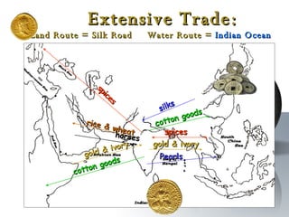 Extensive Trade: Land Route = Silk Road  Water Route =  Indian Ocean spices spices gold & ivory gold & ivory rice & wheat horses cotton goods cotton goods silks Pearls 