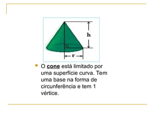  O cone está limitado por
uma superfície curva. Tem
uma base na forma de
circunferência e tem 1
vértice.
 
