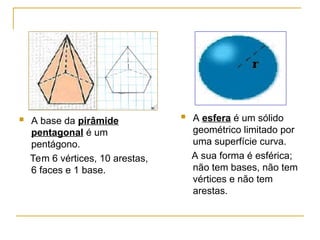  A base da pirâmide
pentagonal é um
pentágono.
Tem 6 vértices, 10 arestas,
6 faces e 1 base.
 A esfera é um sólido
geométrico limitado por
uma superfície curva.
A sua forma é esférica;
não tem bases, não tem
vértices e não tem
arestas.
 