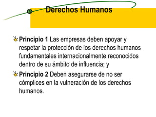 Derechos Humanos Principio 1  Las empresas deben apoyar y respetar la protección de los derechos humanos fundamentales internacionalmente reconocidos dentro de su ámbito de influencia; y Principio 2  Deben asegurarse de no ser cómplices en la vulneración de los derechos humanos. 
