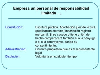 Empresa unipersonal de responsabilidad limitada … Constitución: Escritura pública. Aprobación juez de lo civil.  (publicación extracto) Inscripción registro  mercantil. Si es casado o tiene unión de  hecho comparecerá también el o la cónyuge  o el o la contrayente, dando su  consentimiento. Administración:  Gerente-propietario que es el representante  legal Disolución: Voluntaria en cualquier tiempo 
