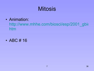 Mitosis Animation:  http://www.mhhe.com/biosci/esp/2001_gbio/default. htm ABC # 16 7 