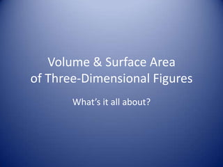Volume & Surface Area
of Three-Dimensional Figures
       What’s it all about?
 