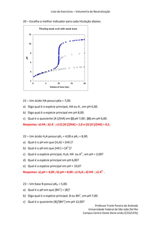 Lista de Exercícios – Volumetria de Neutralização
Professor Frank Pereira de Andrade
Universidade Federal de São João Del Rei
Campus Centro Oeste Dona Lindu (CCO/UFSJ)
20 – Escolha o melhor indicador para cada titulação abaixo.
21 – Um ácido HA possui pKa = 7,00.
a) Diga qual é a espécie principal, HA ou A-
, em pH 6,00.
b) Diga qual é a espécie principal em pH 8,00.
c) Qual é o quociente [A-
]/[HA] em (i) pH 7,00 ; (ii) em pH 6,00.
Respostas: a) HA ; b) A-
; c) (i) [A-
]/[HA] = 1,0 e (ii) [A-
]/[HA] = 0,1.
22 – Um ácido H2A possui pK1 = 4,00 e pK2 = 8,00.
a) Qual é o pH em que [H2A] = [HA-
]?
b) Qual é o pH em que [HA-
] = [A2-
]?
c) Qual é a espécie principal, H2A; HA-
ou A2-
, em pH = 2,00?
d) Qual é a espécie principal em pH 6,00?
e) Qual é a espécie principal em pH = 10,0?
Respostas: a) pH = 4,00 ; b) pH = 8,00 ; c) H2A ; d) HA-
; e) A2-
.
23 – Um base B possui pKb = 5,00.
a) Qual é o pH em que [BH+
] = [B]?
b) Diga qual é a espécie principal, B ou BH+
, em pH 7,00.
c) Qual é o quociente [B]/[BH+
] em pH 12,00?
 