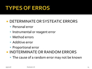  DETERMINATE OR SYSTEATIC ERRORS
 Personal error
 Instrumental or reagent error
 Method errors
 Additive error
 Proportional error
 INDTERMINATE OR RANDOM ERRORS
 The cause of a random error may not be known
9/9/2018 25Deokate UA
 