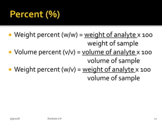  Weight percent (w/w) = weight of analyte x 100
weight of sample
 Volume percent (v/v) = volume of analyte x 100
volume ...
