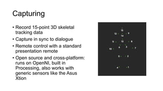 Capturing
• Record 15-point 3D skeletal
  tracking data
• Capture in sync to dialogue
• Remote control with a standard
  presentation remote
• Open source and cross-platform:
  runs on OpenNI, built in
  Processing, also works with
  generic sensors like the Asus
  Xtion
 