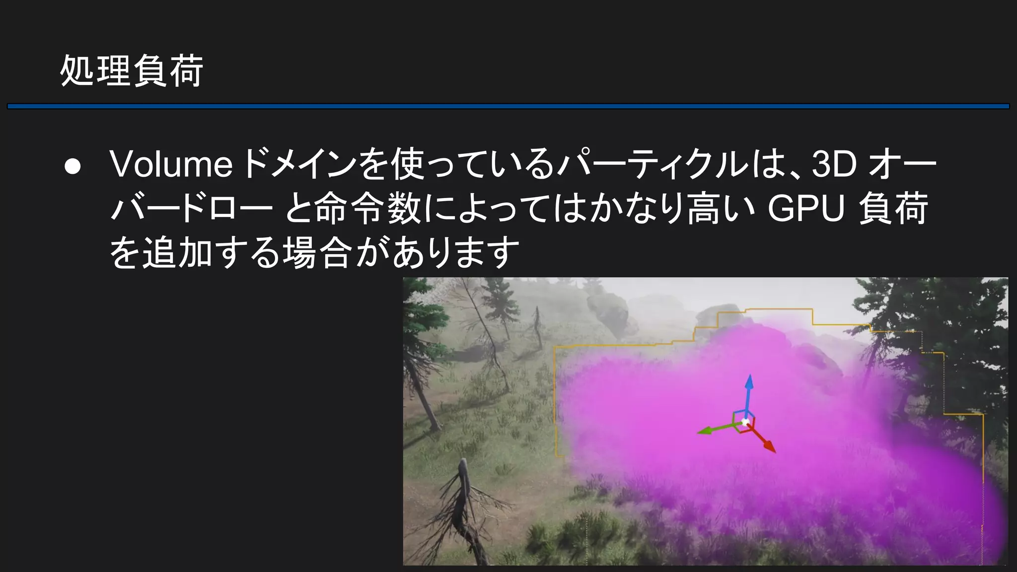 処理負荷
● Volume ドメインを使っているパーティクルは、3D オー
バードロー と命令数によってはかなり高い GPU 負荷
を追加する場合があります
 