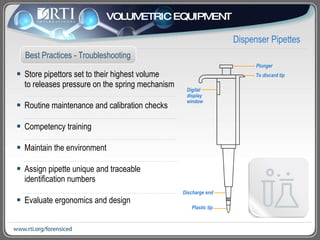 Store pipettors set to their highest volume  to releases pressure on the spring mechanism Routine maintenance and calibration checks Competency training Maintain the environment Assign pipette unique and traceable identification numbers Evaluate ergonomics and design Dispenser Pipettes Best Practices - Troubleshooting VOLUMETRIC EQUIPMENT Plastic tip Discharge end Digital  display  window Plunger To discard tip 