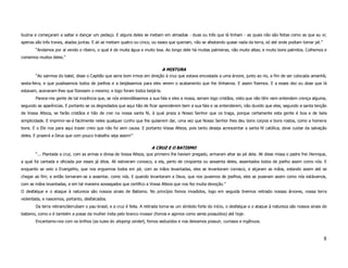 buzina e começaram a saltar e dançar um pedaço. E alguns deles se metiam em almadias - duas ou três que lá tinham - as quais não são feitas como as que eu vi;
apenas são três traves, atadas juntas. E ali se metiam quatro ou cinco, ou esses que queriam, não se afastando quase nada da terra, só até onde podiam tomar pé.”
       “Andamos por aí vendo o ribeiro, o qual é de muita água e muito boa. Ao longo dele há muitas palmeiras, não muito altas; e muito bons palmitos. Colhemos e
comemos muitos deles.”

                                                                            A MISTURA
       “Ao sairmos do batel, disse o Capitão que seria bom irmos em direção à cruz que estava encostada a uma árvore, junto ao rio, a fim de ser colocada amanhã,
sexta-feira, e que puséssemos todos de joelhos e a beijássemos para eles verem o acatamento que lhe tínhamos. E assim fizemos. E a esses dez ou dose que lá
estavam, acenaram-lhes que fizessem o mesmo; e logo foram todos beijá-la.
       Parece-me gente de tal inocência que, se nós entendêssemos a sua fala e eles a nossa, seriam logo cristãos, visto que não têm nem entendem crença alguma,
segundo as aparências. E portanto se os degredados que aqui hão de ficar aprenderem bem a sua fala e os entenderem, não duvido que eles, segundo a santa tenção
de Vossa Alteza, se farão cristãos e hão de crer na nossa santa fé, à qual praza a Nosso Senhor que os traga, porque certamente esta gente é boa e de bela
simplicidade. E imprimir-se-à facilmente neles qualquer cunho que lhe quiserem dar, uma vez que Nosso Senhor lhes deu bons corpos e bons rostos, como a homens
bons. E o Ele nos para aqui trazer creio que não foi sem causa. E portanto Vossa Alteza, pois tanto deseja acrescentar a santa fé católica, deve cuidar da salvação
deles. E prazerá a Deus que com pouco trabalho seja assim!”

                                                                      A CRUZ E O BATISMO
       “... Plantada a cruz, com as armas e divisa de Vossa Alteza, que primeiro lhe haviam pregado, armaram altar ao pé dela. Ali disse missa o padre frei Henrique,
a qual foi cantada e oficiada por esses já ditos. Ali estiveram conosco, a ela, perto de cinqüenta ou sessenta deles, assentados todos de joelho assim como nós. E
enquanto se veio o Evangelho, que nos erguemos todos em pé, com as mãos levantadas, eles se levantaram conosco, e alçaram as mãos, estando assim até se
chegar ao fim; e então tornaram-se a assentar, como nós. E quando levantaram a Deus, que nos pusemos de joelhos, eles se puseram assim como nós estávamos,
com as mãos levantadas, e em tal maneira sossegados que certifico a Vossa Alteza que nos fez muita devoção.”
O desfalque e o ataque à natureza são nossos sinais de Batismo. No princípio fomos invadidos, logo em seguida tivemos retirado nossas árvores, nossa terra
violentada, e nascemos, portanto, desfalcados.
       Da terra retiram/derrubam o pau-brasil, e a cruz é feita. A retirada torna-se um símbolo forte do início, o desfalque e o ataque à natureza são nossos sinais de
batismo, como o é também a posse da mulher índia pelo branco invasor (fomos e agimos como seres possuídos) até hoje.
       Encantamo-nos com os brilhos (as luzes do shoping center), fomos seduzidos e nos deixamos possuir, curiosos e ingênuos.



                                                                                                                                                                     8
 