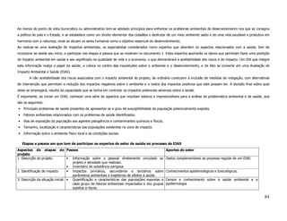 Ao menos do ponto de vista burocrático ou administrativo tem-se adotado princípios para enfrentar os problemas ambientais do desenvolvimento nos que se consigna
a política do país e o Estado, e se estabelece como um direito elementar dos cidadãos o desfrutar de um meio ambiente sadio e de uma vida saudável e produtiva em
harmonia com a natureza, onde se situam os seres humanos como o objetivo essencial do desenvolvimento.
Ao realizar-se uma avaliação de impactos ambientais, os especialistas considerados como expertos que abordem os aspectos relacionados com a saúde, tem de
incorporar-se desde seu início, e participar nas etapas e passos que se mostram no documento 1. Estes expertos aportarão os danos que permitam fazer uma predição
do impacto ambiental em saúde e seu significado na qualidade de vida e a economia, o que demonstrará a aceitabilidade dos riscos e do impacto. Um EIA que integre
esta informação realça o papel da saúde, a coloca no centro das inquietudes sobre o ambiente e o desenvolvimento, e de fato se converte em uma Avaliação de
Impacto Ambiental e Saúde (EIAS).
        A não aceitabilidade dos riscos associados com o impacto ambiental do projeto, de ordinário conduzem à inclusão de medidas de mitigação, com alternativas
de intervenção que permitam a redução dos impactos negativos sobre o ambiente e o realce dos impactos positivos que este possam ter. A decisão final sobre qual
delas se empregará, resulta da capacidade que se tenha em controlar os impactos potenciais adversos sobre a saúde.
É importante, ao iniciar um EIAS, conhecer uma série de aspectos que resultam básicos e imprescindíveis para a análise da problemática ambiental e de saúde, que
são os seguintes:
•   Principais problemas de saúde presentes de apresentar-se e grau de susceptibilidade da população potencialmente exposta.
•   Fatores ambientais relacionados com os problemas de saúde identificados.
•   Vias de exposição da população aos agentes patogênicos e contaminantes químicos e físicos.
•   Tamanho, localização e características das populações existentes na zona de impacto.
•   Informação sobre o ambiente físico local e as condições sociais.

    Etapas e passos em que tem de participar os expertos do setor de saúde no processo de EIAS
Aspectos de etapas            do Passos                                                          Aportes do setor
projeto
1. Descrição do projeto          •   Informação sobre o pessoal diretamente vinculado ao         Dados complementares ao processo regular de um EIAS
                                     projeto e atividade que realizam.
                                 •   Inventário de substância perigosa.
2. Identificação de impacto      •   Impactos primários, secundários e terciários sobre          Conhecimentos epidemiológicos e toxicológicos.
                                     parâmetros ambientais e trajetórias de efeitos à saúde.
3. Descrição da situação inicial •   Quantificação e características das populações expostas a   Censos e conhecimento sobre a saúde ambiental e a
                                     cada grupo de fatores ambientais impactados e dos grupos    epidemiologia
                                     sujeitos a riscos.

                                                                                                                                                             84
 