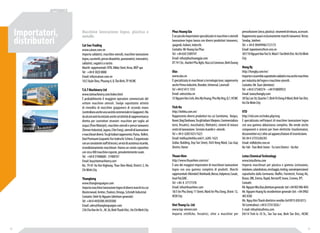 Phuc Hoang Gia 
È un piccolo importatore specializzato in macchine e utensili 
lavorazione legno lavora con diversi produttori taiwanesi, 
spagnoli, italiani, tedeschi. 
Contatto: Mr Hoang Gia Phuc 
Tel: +84 650 3589747 
Email: info@phuchoanggia.com 
DT 741 Str., Hamlet Phu Nghi, Hoa Loi Commun, Binh Duong 
Olas 
www.olas.vn 
È specializzata in macchinari a tecnologia laser, rappresenta 
anche Prima Industrie, Brunker, Universal, Laservall 
Tel +84 8 5413 1355 
Email: sales@olas.vn 
35 Nguyen Van Linh, khu My Hoang, Phu My Hng, Q.7, HCMC 
Tinh Ha 
http://tinhha.com.vn/ 
Rappresenta diversi produttori tra cui Sumitomo, Vargus, 
Konet, Bog Diashowa. Tra gli italiani: Marposs. Commercializza 
torni, fresatrici, maschiatrici, filettatrici, sistemi di misura 
centri di lavorazione. Servizio ricambi e utensili. 
Tel + 84 4 62851631/1623 
Email: tinhha@tinhha.vn631, 6285-1623 
Zodiac Building, Duy Tan Street, Dich Vong Ward, Cau Giay 
District, Hanoi 
Thuan Hien 
http://www.thuanhien.com/en/ 
È uno dei maggiori importatori di macchinari lavorazione 
legno con una gamma completa di prodotti. Marchi 
rappresentati: Altendorf, Reinhardt, Biesse, Italpresse; Casati, 
Imal Pal,GMC . 
Tel: +84 8 37177378 
Email: info@thuanhien.com 
18/3 An Phu Dong 11 Street, Ward An Phu Dong, Distric 12, 
HCM City 
Viet Thang Co. Ltd 
www.top-winner.com 
Importa rettifiche, fresatrici, oltre a macchine per 
pressofusione (zinco, plastica) strumenti di misura, accessori. 
Rappresenta quasi esclusivamente marchi taiwanesi: Victor, 
Senday, Jainherr. 
Tel: + 84 8 38449946/7/21/72 
Email: topwinner@hcm.vnn.vn 
307/10 Nguyen Van Troi St. Ward 1 Tan Binh Dist. Ho Chi Minh 
City 
Hong Ky 
http://hongky.com/en/ 
Importa e assembla soprattutto saldatrici ma anche macchine 
per industria del legno e macchine utensili. 
Contatto: Mr. Toan (direttore) 
Tel: +84 8 37540374 - +84 918009933 
Email: toan@hongky.com 
38 Tay Lan Str, Quarter 7, Binh Tri Dong A Ward, Binh Tan Dist, 
Ho Chi Minh City 
VTD 
http://vtd.com.vn/index.php/eng 
È specializzata nell’import di macchine lavorazione legno 
con una gamma abbastanza completa. Ma vende anche 
componenti e sistemi per linee elettriche (trasformatori, 
disconnettori ecc) oltre ad apparecchiature di trasmissione. 
Tel: 84 4 37555282/83 
Email: vtdltd@hn.vnn.vn 
No 160 - Tran Binh Street - Tu Liem District - Ha Noi 
Lotus Chemical Technology 
www.lotusfirma.com 
Importa macchinari per plastica e gomma (estrusione, 
iniezione, calandratura, reciclaggio, testing, sovraimpressione) 
soprattutto dalla Germania: Maffei, Formtech, Fostag AG, 
Braun, IBK, Erema, Rapid, Berstorff, Inoex, Cromex, IPT. 
Contatti: 
Mr. Nguyen Nhu Kue,direttore generale (tel +84 903 906 404) 
Mr. Nguyen Hoang Vu vicedirettore generale (tel: +84 0902 
483 838) 
Ms. Nguy Kim Thanh direttrice vendite (tel:0915 830 831): 
Tel (centralino):+84 8 3754 5026 / 
E-mail: info@lotusfirma.com 
D4/14 Tinh lo 10 St., Tan Tao war, Binh Tan Dist., HCMC 
Macchine lavorazione legno, plastica e 
metallo 
Cat Son Trading 
www.catson.com.vn 
Importa saldatrici, macchine utensili, macchine lavorazione 
legno, cuscinetti, presse idrauliche, punzonatrici, tranciatrici, 
saldatrici, segatrici a nastro. 
Marchi rappresentati: NTN, Nikko Steel, Krras, MEP spa 
Tel : +84 8 3820 8888 
Email: info@catson.com.vn 
10/2 Xuân Dieu, Phuong 4, Q. Tân Bình, TP. HCMC 
T.A.T Machinery Ltd 
www.tatmachinery.com/index.html 
È probabilmente il maggiore operatore commerciale del 
settore macchine utensili. Svolge soprattutto attività 
di rivendita di macchine giapponesi di seconda mano 
(controllano anche una società commerciale in Giappone). Ma 
da alcuni anni ha iniziato anche un’attività di rappresentanza 
diretta per costruttori stranieri: macchine per taglio ad 
acqua (Flow Waterjet), macchine utensili e presse taiwanesi 
(Denver Industrial, Jagura, Chin Fong), utensili di lavorazione 
e macchinari diversi. Tra gli italiani rappresenta: Pama, Rolleri, 
Davi Promaum Gasparini.Tra i tedeschi: Schiess. È organizzata 
con un consistente staff di tecnici, servizi di assistenza ricambi, 
ricondizionamento macchinari. Hanno un centro espositivo 
con circa 400 macchine esposte, prevalentemente usate. 
Tel: +84 8 37408600 - 37408101 
Email: buy@tatmachinery.com 
No. 79-81 Ha Noi Highway, Thao Dien Ward, District 2, Ho 
Chi Minh City 
Thanglong 
www.thanglongsaigon.com 
Importa macchine lavorazione legno di diversi marchi tra cui 
Masterwood, Amitec, Paoloni, Omega, Schmidt Industrial. 
Contatto: Dinh Vy Nguyen (direttore generale) 
Tel: +84 8 4450308 (4450308) 
Email: sales@thanglongsaigon.com 
236 Chu Van An St. , W. 26, Binh Thanh Dist., Ho Chi Minh City 
APPENDICE 
Importatori, 
distributori 
42 43 
 