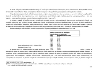 Na década de 60, a situação fundiária em Rondônia atinge seu máximo grau de desorganização somada a esse, muitos problemas sociais. Assim o Instituto Nacional
de Colonização e Reforma Agrária – INCRA, com o objetivo de disciplinar e organizar a situação fundiária, passa a planejar a colonização oficial no Estado.
           A migração tradicional para o Estado de Rondônia era constituída principalmente por nordestinos, a atual é procedente, em sua maioria de Minas Gerais, Paraná, Rio
Grande do Sul, Espírito Santo. Esses migrantes em sua maioria desconheciam as peculiaridades da região amazônica , seu clima, suas riquezas, sua fauna e flora, seus
segredos e seus perigos. Esse fato trouxe conseqüências desastrosas à curto, médio e longo prazo27.
           Na verdade, a ocupação de Rondônia deveu-se a motivação pela distribuição de terras e, pela possibilidade de desenvolvimento do setor primário. Expandir essa
capacidade produtiva do setor primário à migração, buscaram para expandir outras fronteiras ou migraram para áreas urbanas na iminência de trabalho assalariado. A
implantação de vários municípios existentes no Estado de Rondônia como: Ji-Paraná, Vilhena, Pimenta Bueno entre outros são frutos de seu legado, facilitando a integração
do Estado com os centros produtores e consumidores com o centro sul do país e a integração de toda a região norte e sudoeste com as demais membros da federação.
           A tabela mostra alguns dados estatísticos do Estado, o quantitativo de migrantes que entraram no Estado entre o ano de 1977-1986.


                                                                                                 EVOLUÇÃO DO TOTAL DE MIGRANTE
                                                                                                 CADASTRADOS EM RONDÔNIA
                                                                                                 ANO      MIGRANTES/POPULAÇÃO
                                                                                                 1977     3.140
                                                                                                 1978     12.658
                                                                                                 1979     36.791
                                                                                                 1980     49.205
                                                                                                 1981     60.218
                                                                                                 1982     58.052
                                                                                                 1983     92.723
                             Fontes: Seplan/Cetremi28 (s/d) e Rondônia (1995)                    1984     153.377
                                                                                                 1985     151.684
                             Estimativa da FIERO29/1995
                                                                                                 1986     165.679
           As décadas, de 50 e 70, tiveram como foco de atração de migrantes para a              TOTAL    783.527                                       região a notícia da
descoberta de jazidas de minério (ouro), atraindo para a região um número significativo de migrantes, voltados principalmente para a atividade econômica do
extrativismo, isto é; a garimpagem manual de ouro, que por sinal absorvia grande quantidade de pessoas, na eminência de ganho farto, rápido e fácil enriquecimento,
galgando assim, vida mais folgada e confortável economicamente e financeiramente junto a suas famílias. Essa década não reflete o mesmo crescimento das duas
subseqüentes, em conseqüência das péssimas condições de acesso aos locais de produção e extração do minério, escassez de produtos básicos, as péssimas condições de


27
     Pinto, Manuel Pontes. Caiari – Lendas e Proto história, p. 15.
28
     SEPLAN – Secretaria Estadual de Planejamento do Estado de Rondônia e CETREMI – Centro de Triagem e Encaminhamento de Migrantes – Vilhena/RO.
29
     FIERO – Federação das Indústrias do Estado de Rondônia.
                                                                                                                                                                         53
 