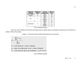 17


                                                         Classe de         Código da        Grau de      Peso do
                                                         Avaliação          Classe       conhecimento     Grau
                                                        Auto avaliação         A             Ótimo         10
                                                           Gerente             G             Ótimo         10
                                                                                             Ótimo         10
                                                                                              Bom           7
                                                              Par               P
                                                                                            Regular         5
                                                                                             Pouco          3
                                                                                             Ótimo         10
                                                                                              Bom           7
                                                         Subordinado            S
                                                                                            Regular         5
                                                                                             Pouco          3
                                                                         Fonte: Instituição Pesquisada

           Desse modo, após a obtenção da nota (Ni) que cada avaliador atribui ao avaliado, segue-se a ponderação da nota pelo grau de conhecimento do
avaliador, conforme fórmula abaixo:

                                              Equação 2 – Fórmula para Cálculo da Média Ponderada pelo grau de conhecimento

                      n

                    ∑N             i   × gi
            Nc =     i =1
                             n
                                              ,
                            ∑g
                            i =1
                                       i


            N i = nota final do i - ésimo avaliador
            g i = grau de conhecimen to do i - ésimo avaliador
            N c = nota final da classe de avaliadore s : A, P, G ou S
                                                                         Fonte: Instituição Pesquisada



                                                                                                                               ISSN 1517 - 5421     17
 