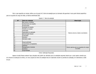 7


            Para o caso específico em estudo, definiu-se um grupo de 13 itens de avaliação para os chamados não-gerentes e mais quatro fatores específicos
para os ocupantes de cargo de chefia, os fatores identificados são:

                                                                Quadro 1 - Itens de avaliação

                     Nº        Itens de avaliação                                                                                  Observação
              1.               Bom-senso e Iniciativa
              2.               Conhecimento do trabalho
              3.               Produtividade
              4.               Qualidade do trabalho
              5.               Trabalho em equipe
              6.               Urbanidade
              7.               Capacidade de realização
                                                                                                                       Fatores comuns a todos os servidores
              8.               Apresentação Pessoal
              9.               Criatividade
              10.              Disciplina
              11.              Discrição e sigilo
              12.
              13.              Responsabilidade
              14.              Cumprimento do Expediente
              15.              Liderança
              16.              Planejamento e Controle                                                              Fatores apenas para os ocupantes de cargos
              17.              Coerência                                                                                             de chefia
              18.              Imparcialidade

                                                                Fonte: Instituição Pesquisada

            Apesar de estes fatores estarem hoje colocados eles podem ser alterados para as avaliações seguintes desde que o corpo gestor entenda que,
em virtude de mudanças de cenário, um novo conjunto de itens de avaliação deva ser observado durante os períodos de avaliação, em observância à visão
de que:




                                                                                                                                  ISSN 1517 - 5421       7
 