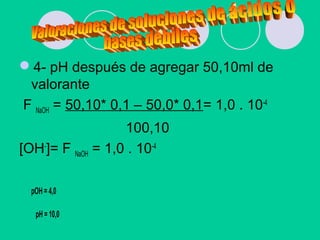 4- pH después de agregar 50,10ml de
valorante
F NaOH = 50,10* 0,1 – 50,0* 0,1= 1,0 . 10-4
100,10
[OH-
]= F NaOH = 1,0 . 10-4
pOH = 4,0
pH = 10,0
 