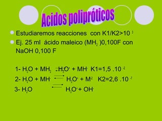 Estudiaremos reacciones con K1/K2>10 3
Ej. 25 ml ácido maleico (MH2 )0,100F con
NaOH 0,100 F
1- H2O + MH2 H3O+
+ MH-
K1=1,5 .10 -2
2- H2O + MH-
H3O+
+ M-2
K2=2,6 .10 -7
3- H2O H3O+
+ OH-
 