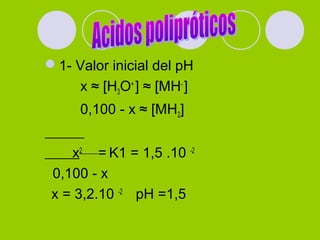 1- Valor inicial del pH
x ≈ [H3O+
] ≈ [MH-
]
0,100 - x ≈ [MH2]
x2
= K1 = 1,5 .10 -2
0,100 - x
x = 3,2.10 -2
pH =1,5
 