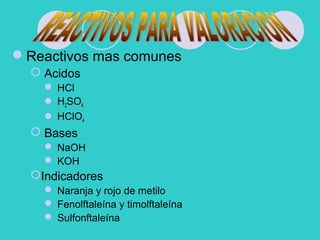 Reactivos mas comunes
 Acidos
 HCl
 H2SO4
 HClO4
 Bases
 NaOH
 KOH
Indicadores
 Naranja y rojo de metilo
 Fenolftaleína y timolftaleína
 Sulfonftaleína
 
