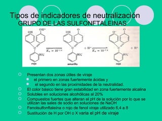 Tipos de indicadores de neutralización
GRUPO DE LAS SULFONFTALEINAS
 Presentan dos zonas útiles de viraje
 el primero en zonas fuertemente ácidas y
 el segundo en las proximidades de la neutralidad.
 El color básico tiene gran estabilidad en zona fuertemente alcalina
 Solubles en soluciones alcohólicas al 20%
 Compuestos fuertes que alteran el pH de la solución por lo que se
utilizan las sales de sodio en soluciones de NaOH
 Fenolsulfonftaleína o rojo de fenol viraje utilizado 6,4 a 8
 Sustitución de H por OH o X varia el pH de viraje
 