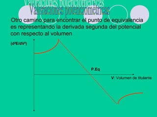 Otro camino para encontrar el punto de equivalencia
es representando la derivada segunda del potencial
con respecto al volumen
(d2
E/dV2
)
P.Eq
V: Volumen de titulante
 