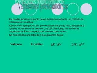 Es posible localizar el punto de equivalencia mediante un método de
interpolación analítica.
Consiste en agregar, en las proximidades del punto final, pequeños e
iguales incrementos de volumen, se calculan luego las derivadas
segundas de E con respecto del Volumen dos veces.
Se confecciona una tabla con los siguientes datos:
Volumen E (voltio) ∆E / ∆V ∆2
E / ∆V2
 