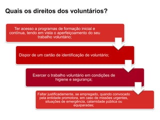 Quais os princípios do voluntariado?• Solidariedade• Participação• Cooperação• Complementaridade• Gratuitidade • Responsabilidade• Convergência