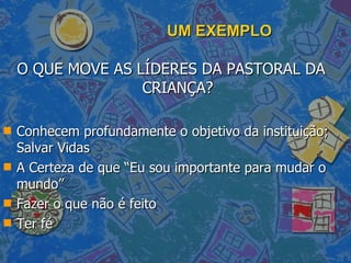 UM EXEMPLO O QUE MOVE AS LÍDERES DA PASTORAL DA CRIANÇA? Conhecem profundamente o objetivo da instituição; Salvar Vidas A Certeza de que “Eu sou importante para mudar o mundo”  Fazer o que não é feito Ter fé 