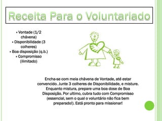 » Vontade (1/2
         chávena)
  » Disponibilidade (3
         colheres)
» Boa disposição (q.b.)
     » Compromisso
        (ilimitado)



                    Encha-se com meia chávena de Vontade, até estar
                convencido. Junte 3 colheres de Disponibilidade, e misture.
                     Enquanto mistura, prepare uma boa dose de Boa
                  Disposição. Por ultimo, cubra tudo com Compromisso
                     (essencial, sem o qual o voluntário não fica bem
                         preparado!). Está pronto para missionar!
 