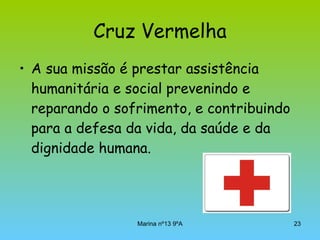 Cruz Vermelha A sua missão é prestar assistência humanitária e social prevenindo e reparando o sofrimento, e contribuindo para a defesa da vida, da saúde e da dignidade humana. 