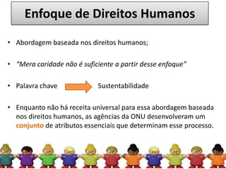 Enfoque de Direitos HumanosAbordagem baseada nos direitos humanos;	“Mera caridade não é suficiente a partir desse enfoque”Palavra chave 		SustentabilidadeEnquanto não há receita universal para essa abordagem baseada nos direitos humanos, as agências da ONU desenvolveram um conjunto de atributos essenciais que determinam esse processo.