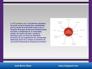 José María Olayo olayo.blogspot.com
La PVE establece que “una persona voluntaria
de acción social es aquella que, sensibilizada
por las causas de la exclusión social o por la
situación de grupos de personas desfavorecidas,
excluidas o marginadas en su comunidad,
decide, de manera altruista y solidaria,
participar junto con otras en diferentes
proyectos de una organización de voluntariado,
dedicando parte de su tiempo en beneficio de
una acción enmarcada en proyectos concretos”.
 