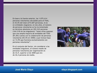 José María Olayo olayo.blogspot.com
En base a la fuente anterior, las 1.075.414
personas voluntarias calculadas para el TSAS,
el 25,5% del total (274.687 personas), lo es
en entidades singulares; en dos años, el número
de personas voluntarias se ha incrementado
en términos absolutos en 202.243 personas
(164.318 sin las singulares): “estas cifras suponen
que una amplia mayoría de entidades del TSAS
(81,8%) cuenta con la colaboración de personas
voluntarias (83,5% en 2008) y que incluso haya
un 13,9% que funciona exclusivamente con
personas voluntarias”.
En el conjunto del Sector, sin considerar a las
entidades singulares, el número medio de
personas voluntarias por organización es
de 32,9, superior al de 2008 que era
de 26,4 personas de media.
 