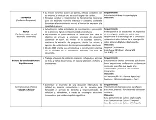 EMPRENDE
(Fundación Emprende)
• Su misión es formar actores de cambio, críticos y creativos con
su entorno, a través de una educación digna y de calidad.
• Persigue construir e implementar las herramientas necesarias
para un desarrollo humano individual y colectivo, sostenible
basado en el entendimiento mutuo, la libertad de expresión y la
igualdad de género.
Requerimiento:
Estudiantes del área Psicopedagógica
Ubicación:
REDES
(fundación redes para el
desarrollo sostenible)
• Actualmente realiza actividades de investigación y prevención
de la Violencia Digital con la comunidad universitaria.
• Organización no gubernamental de desarrollo que tiene el
objetivo de articular y promover procesos de desarrollo
sostenible en todos los niveles de la sociedad boliviana,
mediante la ejecución de programas, donde los actores y
agentes de cambio tomen decisiones responsables y oportunas.
• Desde 2010 orienta sus actividades a la construcción colectiva
de la sociedad de la información boliviana con fines de
desarrollo.
Requerimiento:
Participación de los estudiantes en propuestas
de investigación académica sobre el uso
responsable de la tecnología en la comunidad
universitaria sobre la base de la investigación
sobre Violencia Digital en Cochabamba.
Ubicación:
Regional Cochabamba
Calle Sucre 0335 Piso 1 oficina Nº3
Tel: 4-4251292
Pastoral de Movilidad Humana
Arquidiocesana
• Trabaja a favor de la población migrante, refugiados y victimas
de trata y tráfico de personas, en especial atención a niños/as y
adolecentes.
Requerimiento:
Estudiantes de últimos semestres que deseen
hacer exposiciones, conferencias con temas de
contenido específico que ayude a los
adolescentes y jóvenes a una verdadera
integración.
Ubicación:
Av. Heroinas Nº E-0152 entre Ayacucho y
Baptista – Edificio Arzobispado – Piso 3
Centro Creativo Artístico
“educar es fiesta”
• Contribuir al desarrollo de una educación intercultural de
calidad en espacios comunitarios y en las escuelas, para
fortalecer el ejercicio de derechos y responsabilidades de
niños/as y adolecentes, a través de estrategias educativas
innovadoras y de incidencia pública y política.
Requerimiento:
Voluntarios de diversos cursos para Apoyo
Educativo, creativo y fortaleciendo habilidades
artísticas
Ubicación:
Casa Comunitaria de Cultura Uspha Uspha
Casa Comunitaria de Cultura Temporal
Casa Comunitaria de Cultura Villa Taquiña
 