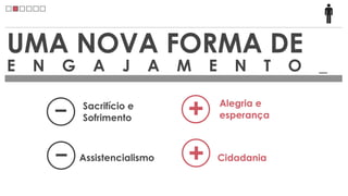 UMA NOVA FORMA DE
E   N   G     A      J     A   M   E      N    T   O   _


        -   Sacrifício e
            Sofrimento         +       Alegria e
                                       esperança




        -   Assistencialismo   +       Cidadania
 