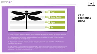 CASE
                                                                                                          DRAGONFLY
                                                                                                          EFFECT




1 - Focar: um único objetivo – registrar 20000 doadores de origem sul asiática em poucas semanas.

2 - Conseguir atenção: faça as pessoas notarem. Entre no barulho da mídias sociais com algo
pessoal, inesperado, visceral e visual.

3 - Engajar: crie conexões pessoais, acesse emoções profundas com empatia, autenticidade e
contando uma história.

4 - Agir: habilite e empodere as pessoas para agir. Para tornar a  ação fácil, você precisa prototipar,
implantar, e achar ferramentas, templates e programas desenhados para mover os membros da
audiência e torná-los  membros do time
 