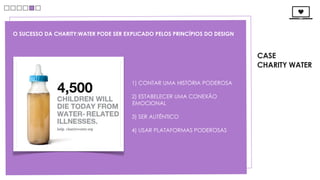 O SUCESSO DA CHARITY:WATER PODE SER EXPLICADO PELOS PRINCÍPIOS DO DESIGN



                                                                           CASE
                                                                           CHARITY WATER

                                      1) CONTAR UMA HISTÓRIA PODEROSA

                                      2) ESTABELECER UMA CONEXÃO
                                      EMOCIONAL

                                      3) SER AUTÊNTICO

                                      4) USAR PLATAFORMAS PODEROSAS
 