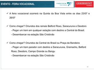 30
EVENTO - FEIRA VOCACIONAL
 A feira vocacional ocorrerá na Quinta da Boa Vista entre os dias 23/07 e
26/07
 Como chegar? Oriundos dos ramais Belford Roxo, Saracuruna e Deodoro
- Pegar um trem em qualquer estação com destino a Central do Brasil.
- Desembarcar na estação São Cristóvão
 Como chegar? Oriundos da Central do Brasil ou Praça da Bandeira
- Pegar um trem parador com destino a Saracuruna, Gramacho, Belford
Roxo, Deodoro, Campo Grande ou Bangu
- Desembarcar na estação São Cristóvão
 