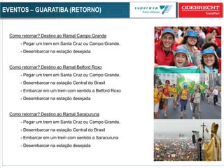 39
EVENTOS – GUARATIBA (RETORNO)
Como retornar? Destino ao Ramal Campo Grande
- Pegar um trem em Santa Cruz ou Campo Grande.
- Desembarcar na estação desejada
Como retornar? Destino ao Ramal Belford Roxo
- Pegar um trem em Santa Cruz ou Campo Grande.
- Desembarcar na estação Central do Brasil
- Embarcar em um trem com sentido a Belford Roxo
- Desembarcar na estação desejada
Como retornar? Destino ao Ramal Saracuruna
- Pegar um trem em Santa Cruz ou Campo Grande.
- Desembarcar na estação Central do Brasil
- Embarcar em um trem com sentido a Saracuruna
- Desembarcar na estação desejada
 