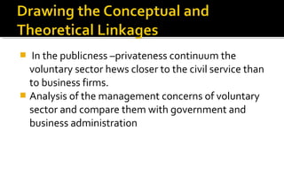  In the publicness –privateness continuum the
voluntary sector hews closer to the civil service than
to business firms.
 Analysis of the management concerns of voluntary
sector and compare them with government and
business administration
 