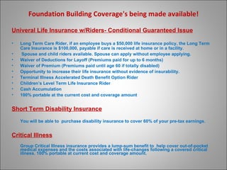 Foundation Building Coverage's being made available! Univeral Life Insurance w/Riders- Conditional Guaranteed Issue Long Term Care Rider, if an employee buys a $50,000 life insurance policy, the Long Term Care Insurance is $100,000, payable if care is received at home or in a facility.  Spouse and child riders available. Spouse can apply without employee applying. Waiver of Deductions for Layoff (Premiums paid for up to 6 months) Waiver of Premium (Premiums paid until age 60 if totally disabled) Opportunity to increase their life insurance without evidence of insurability. Terminal Illness Accelerated Death Benefit Option Rider  Children’s Level Term Life Insurance Rider Cash Accumulation 100% portable at the current cost and coverage amount Short Term Disability Insurance You will be able to  purchase disability insurance to cover 60% of your pre-tax earnings. Critical Illness Group Critical Illness insurance provides a lump-sum benefit to  help cover out-of-pocket medical expenses and the costs associated with life-changes following a covered critical illness. 100% portable at current cost and coverage amount.  