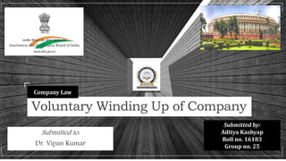 Voluntary Winding Up of Company
Submitted to:
Dr. Vipan Kumar
Company Law
Submitted by:
Aditya Kashyap
Roll no. 16183
Group no. 25
 