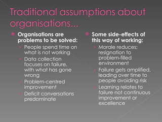 Organisations are problems to be solved: People spend time on what is not working Data collection focuses on failure, with what has gone wrong  Problem-centred improvement Deficit conversations predominate Some side-effects of this way of working: Morale reduces; resignation to problem-filled environment Failure gets amplified, leading over time to people avoiding risk Learning relates to failure not continuous improvement or excellence 
