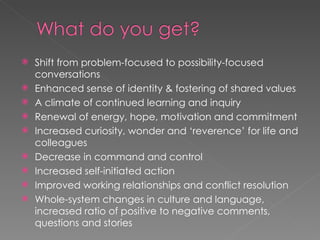 Shift from problem-focused to possibility-focused conversations Enhanced sense of identity & fostering of shared values A climate of continued learning and inquiry  Renewal of energy, hope, motivation and commitment Increased curiosity, wonder and ‘reverence’ for life and colleagues Decrease in command and control  Increased self-initiated action Improved working relationships and conflict resolution Whole-system changes in culture and language,  increased ratio of positive to negative comments, questions and stories 