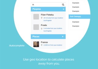 Autocomplete

Use geo location to calculate places
away from you.

 