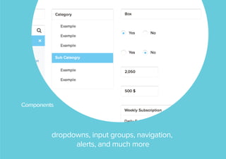Components

dropdowns, input groups, navigation,
alerts, and much more

 