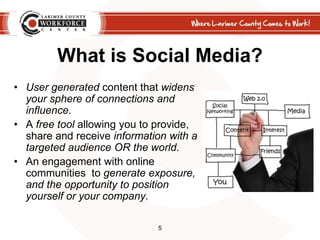 What is Social Media?<br />User generated content that widens your sphere of connections and influence. <br />A free tool ...